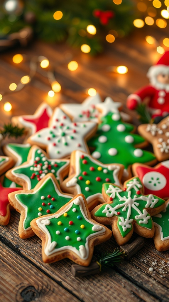Christmas Cookie Quotes A variety of decorated Christmas cookies on a wooden table with fairy lights in the background.